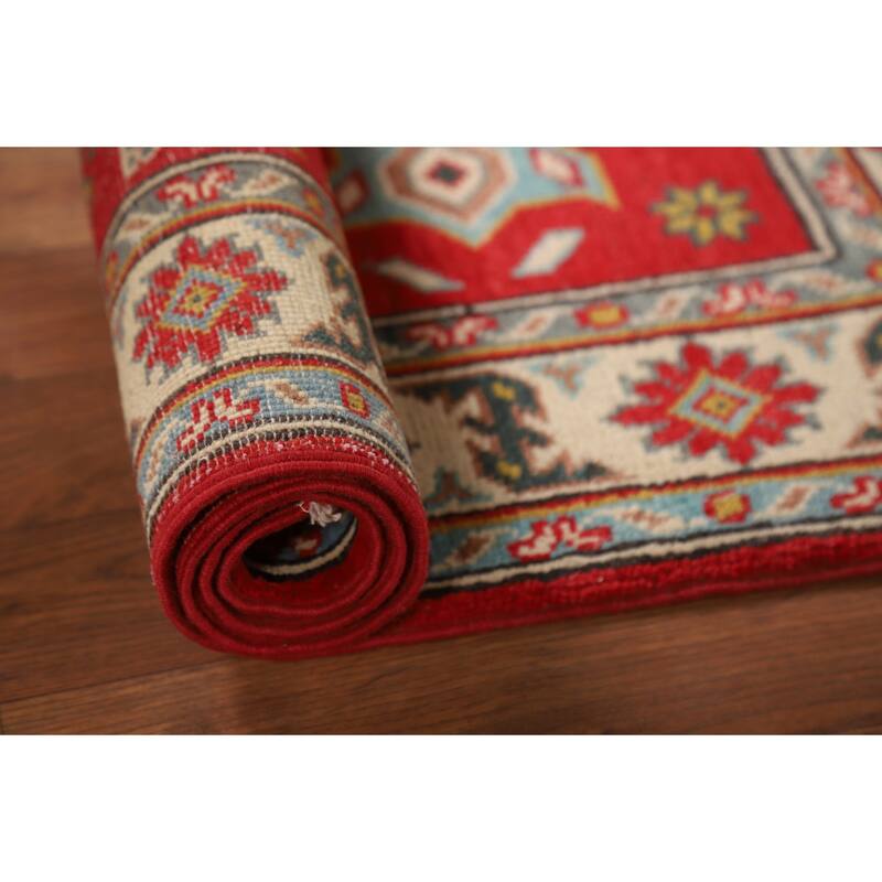 Red Kazak Foyer Rug Hand-Knotted Geometric Bedroom Wool Carpet - 2'8"x 3'11"