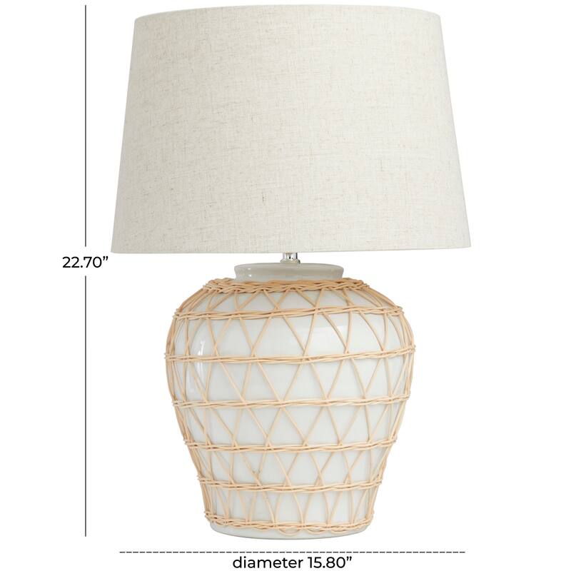 White Ceramic Woven Rattan Geometric Room Table Lamp with Linen Shade