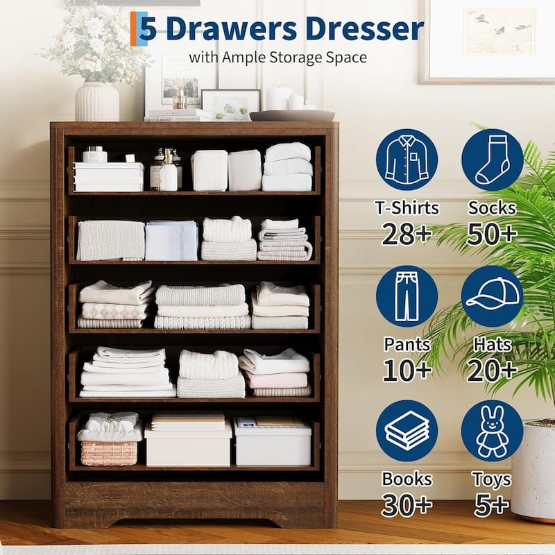 Fluted 5 Drawer Tall Dresser for Bedroom, Living Room, Hallway