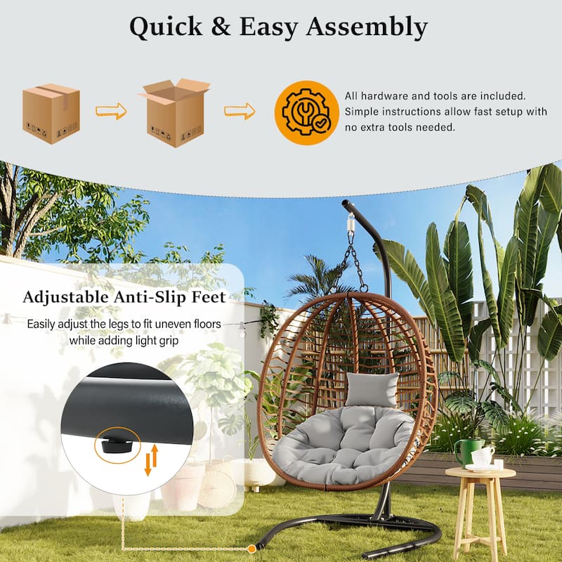 Single Person Folding Egg Chair with Stand, Hanging Egg Chair, Wicker Hammock Swing Chair with Adjustable Anti-Slip Feet