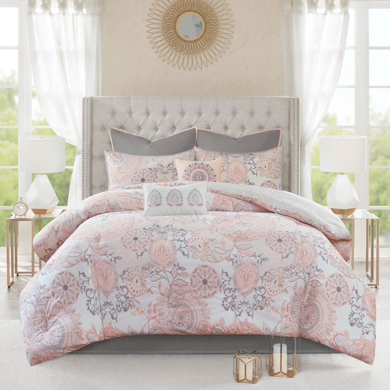 Madison Park Loleta 8 Piece Cotton Floral Printed Reversible Comforter Set - Blush - California King