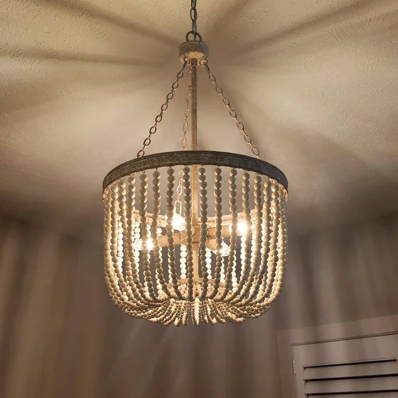 Farmhouse Wood Boho White Beaded Drum 4-Light Coastal Chandelier for Dining Room/ Bedroom - D15.5"*H27"