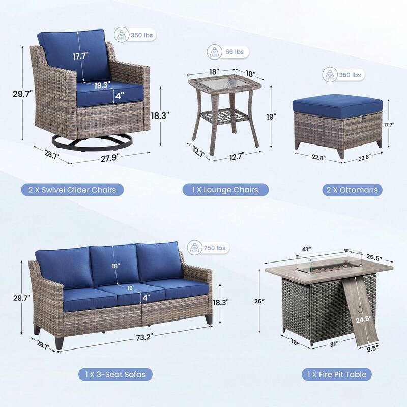 Pocassy 7 Pieces Sofa Siwvel Chair Ottoman w/ Fire Table