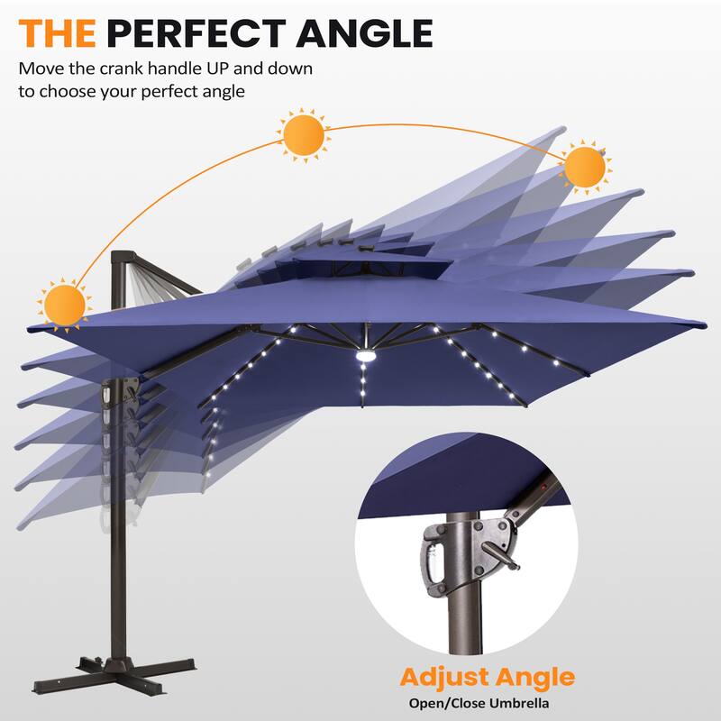 VredHom Solar LED Light 11FT Square Outdoor Cantilever Patio Umbrella without Base