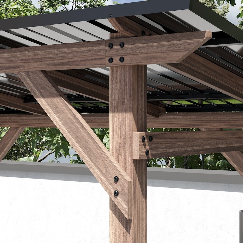 Outdoor Cedar Wood BBQ Grill Gazebo with Steel Hardtop Roof and Dual Side Bar Shelves