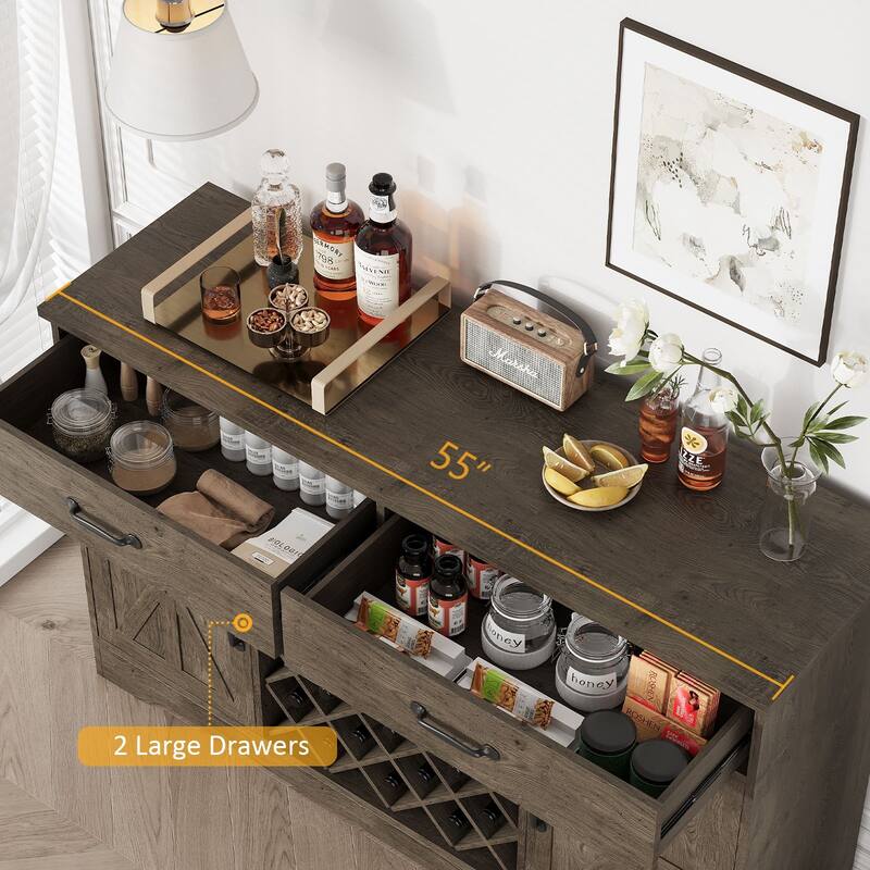 Meyreso 55" Oak Farmhouse Coffee Bar Cabinet with Hutch and Wine Storage
