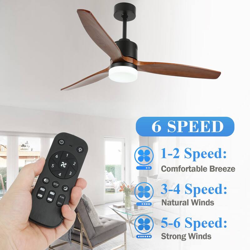 52" Rustic Wood Ceiling Fan with LED Light and Remote Control Matte Black - 52 inches