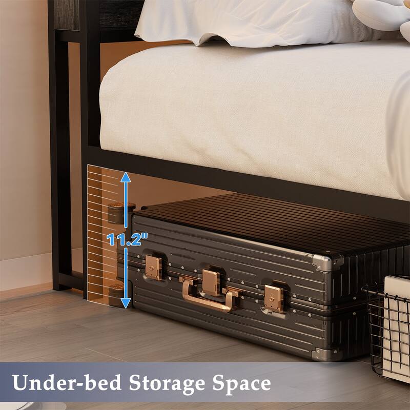 Platform Bed with Storage Headboard, Bed Frame with Charge Station and LED Light