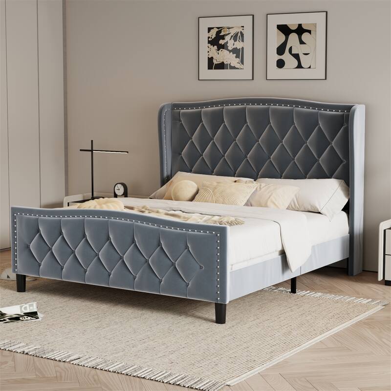 Queen Size Velvet Upholstered Platform Bed with Wingback Headboard