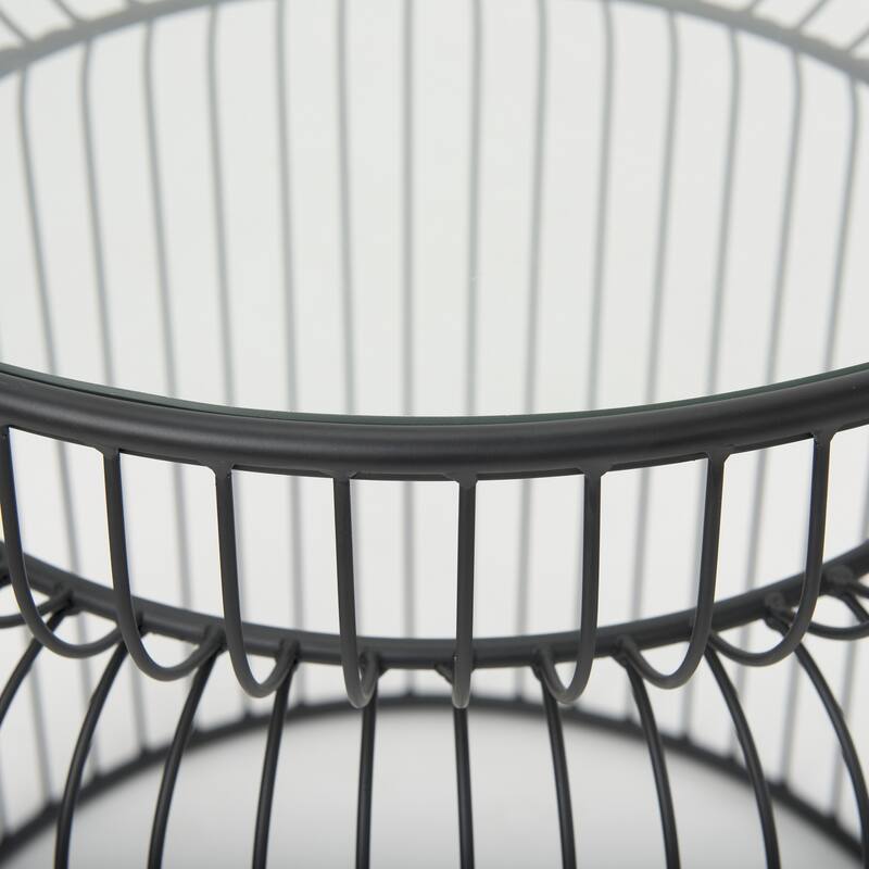 HomeRoots Set of Two Clear and Black Tempered Glass and Metal Wire Round Drum End Tables - 18.90 in. x 20.08 in. x 18.90 in.