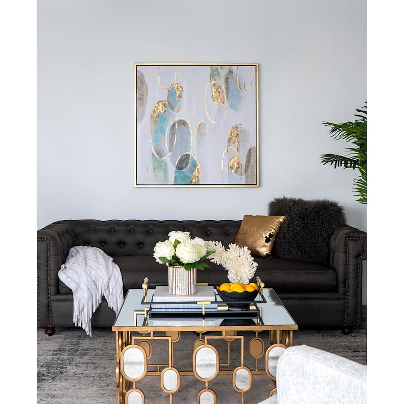 Modern Oil Painting Square Wall Decor with Wooden Frame Canvas Gold Embellishment, for Living Room Dining Room Office