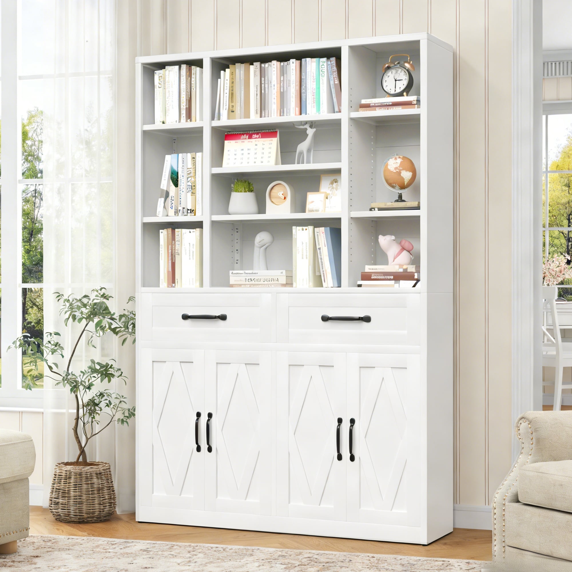 71" Tall Bookcase with Doors, Drawers & Adjustable Open Shelves, Metal Storage Cabinet for Home Office, Living Room