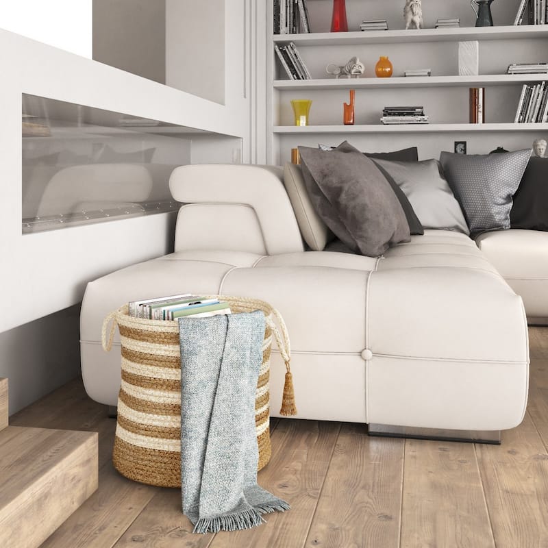 Sevita Striped Jute Decorative Storage Basket with Handles - 17" x 17" x 17"