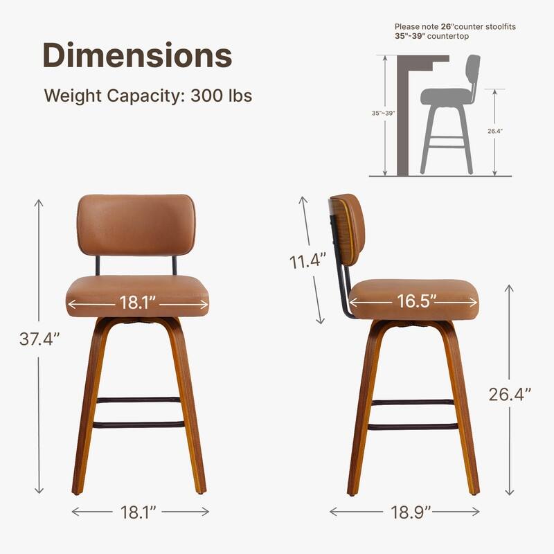 Spruce & Spring 26" Swivel Bar Stool with Bentwood Back or PE Rattan Back