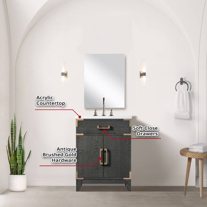 24" Bathroom Vanity with Acrylic Top, 18" Frameless Mirror, and Chrome Gooseneck Faucet for Modern Bathrooms