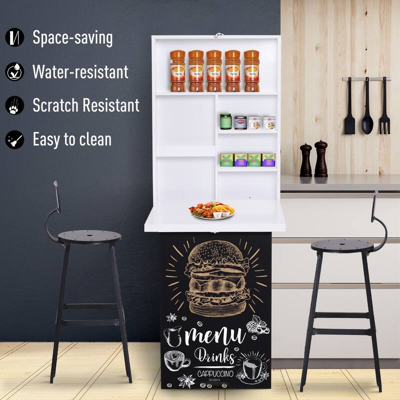 HOMCOM Wall Mounted Foldable Desk: Blackboard, Book Storage - Space Saving