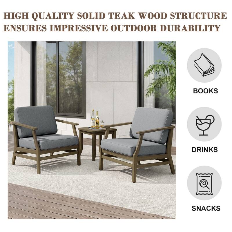 Teak Outdoor Bistro Set with Weather-Resistant Cushions (3-Piece Set)