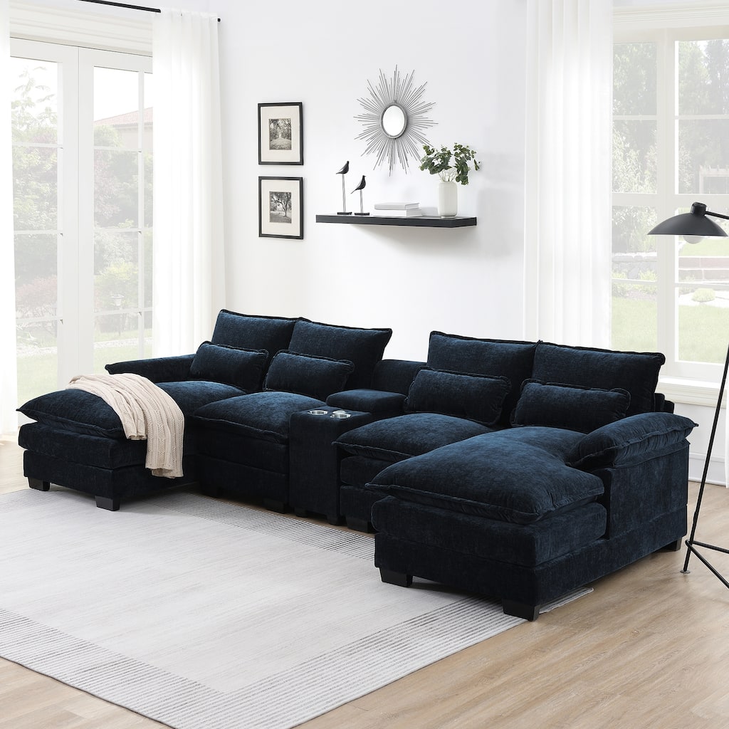 Modern U-shaped Sofa with Console,Cupholders and USB Ports,6-seat Upholstered Symmetrical Indoor Furniture