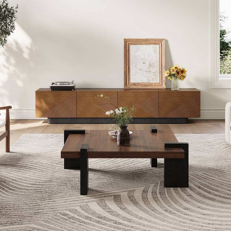35.43" Mid Century Modern Square Coffee Table, Brown Solid Wood Veneer,4 Black Wood Legs