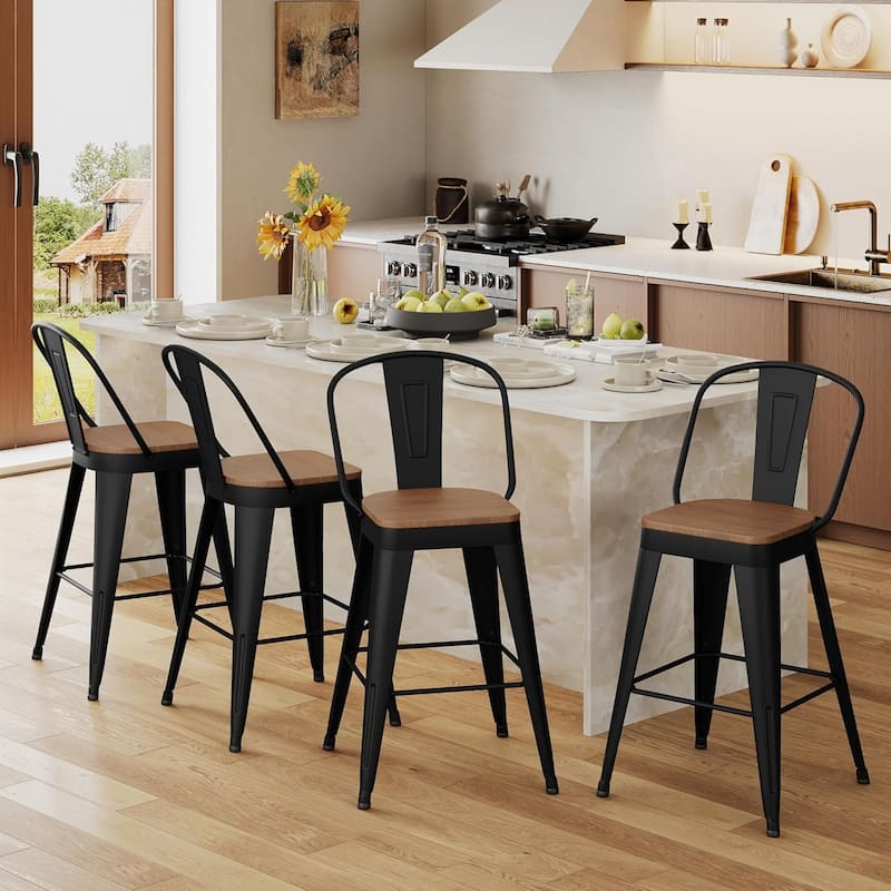 Counter & Bar Stools with Metal Frame Kitchen Stools with High Back Kitchen Bar Furniture Stools with Wooden Seat