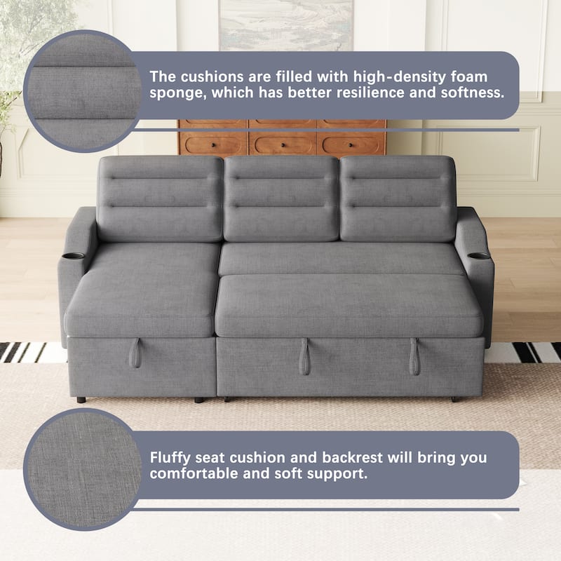 83.5" Fabric Convertible 3-Seater Sleeper Sofa with Pull-Out Bed, Recliner, Storage Pocket, and Cup Holder