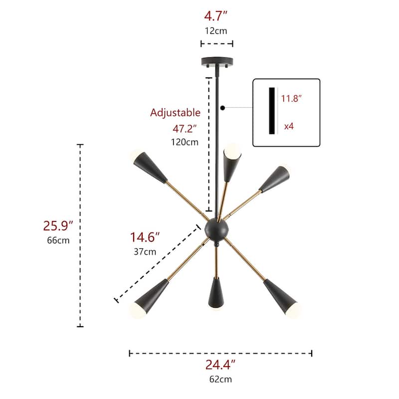 6-Lights Modern Sputnik Linear Chandelier - 24.4"D×4.7"W×73.1"H(Adjustable)