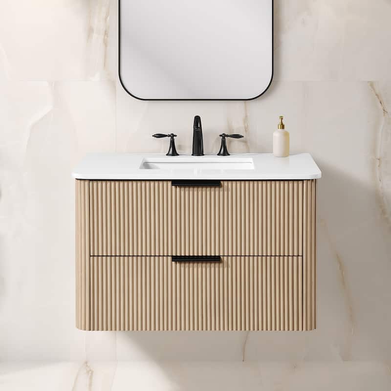 Amara 36 in. Sahara Birch Vanity with White Top and Brushed Gold Hardware - 36" - Sahara Birch with Matte Black Hardware