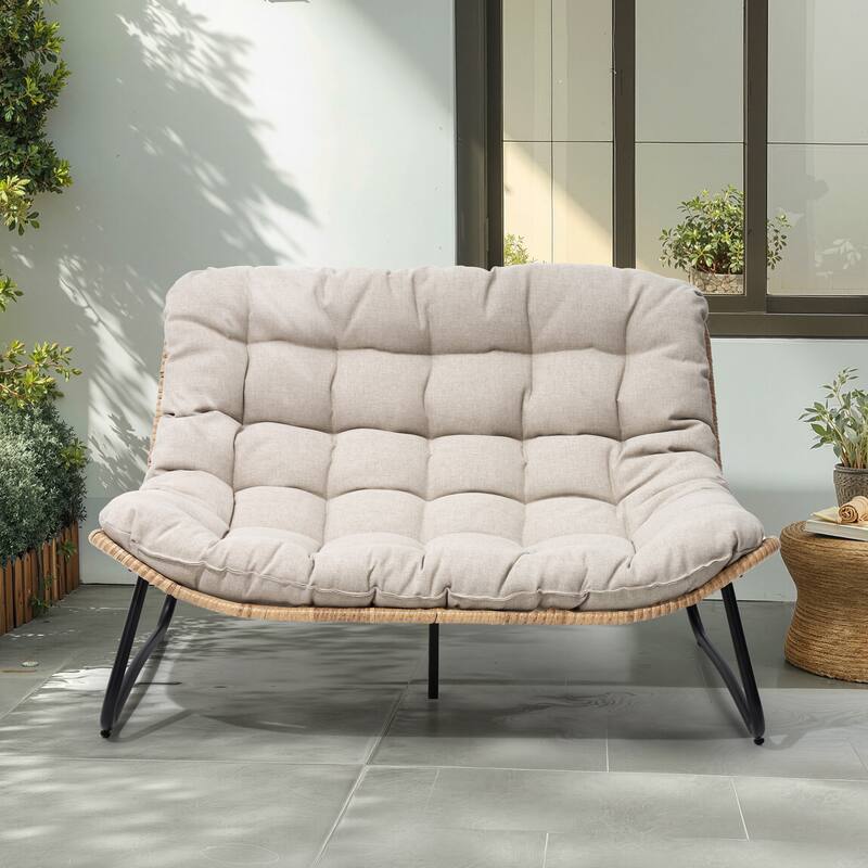 Double Papasan PE Rattan Chair Loveseat with Cushion For Indoor Outdoor