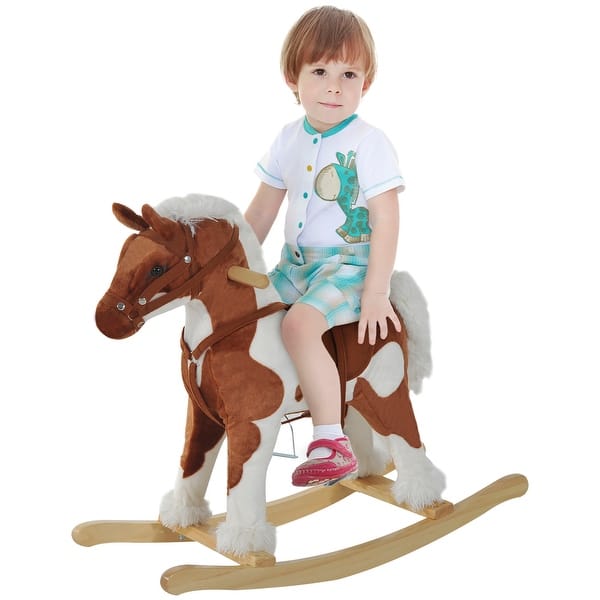 slide 2 of 5, Classic Rocking Horse with Neighing and Galloping Sounds, Soft Plush Body for Kids 36 Months and Up Brown