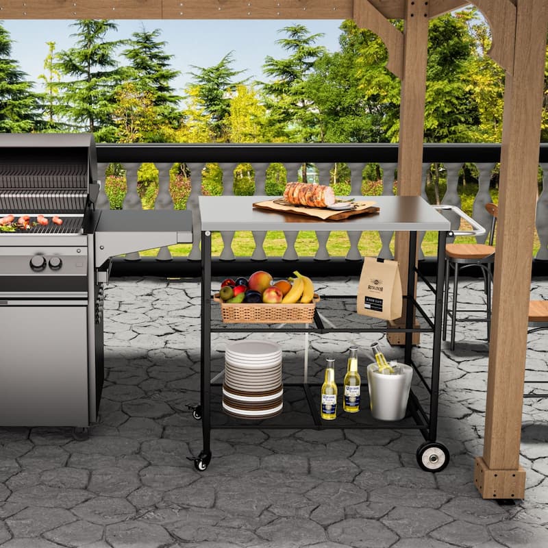 VEIKOUS Outdoor Patio Grilling Backyard BBQ Grill Cart with Stainless Steel Top - Black - Stainless Steel