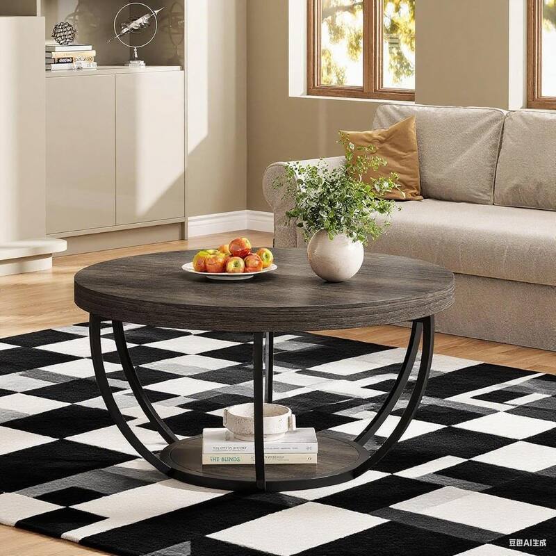 Engineered Wood Round Coffee Table with 2-Tier Metal Base - 31.69" L x 31.69" W x 17.32" H