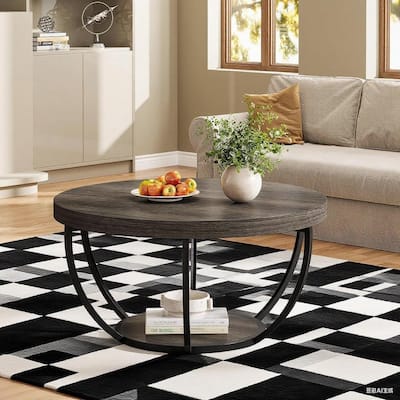 Engineered Wood Round Coffee Table with 2-Tier Metal Base - 31.69" L x 31.69" W x 17.32" H