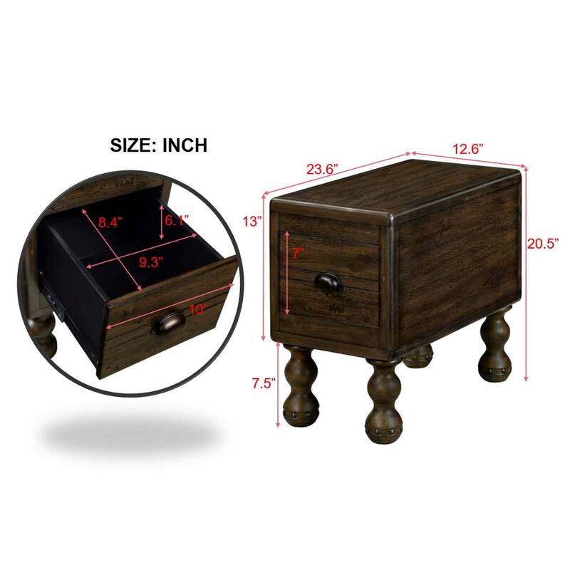 Solid Wood End Table, Rectangle 23.6 inch Narrow Side Table with Drawer, Vintage Bedside