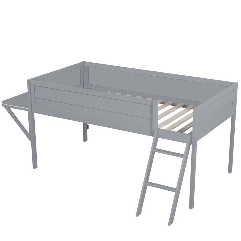 Twin Size Wood Gaming Loft Bed with Desk and LED, Grey