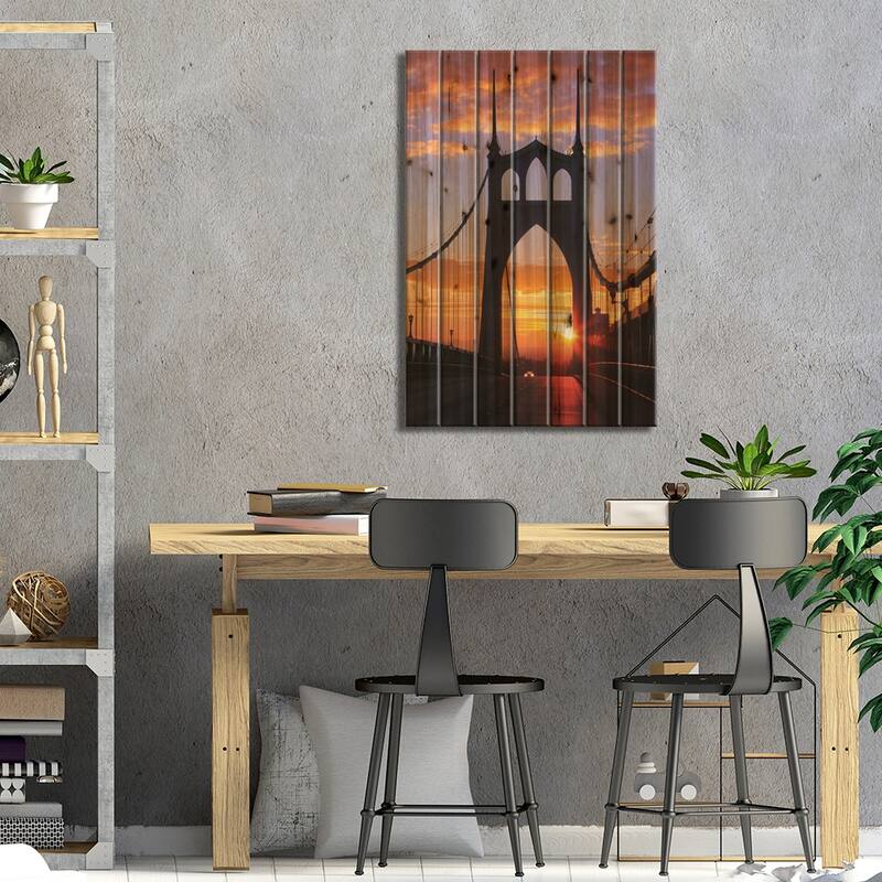 USA, Oregon, Portland. St. Johns Bridge at sunrise. Print On Wood by Jaynes Gallery - Multi-Color