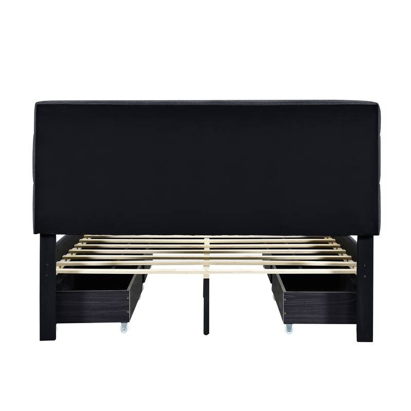 Linen Upholstered Platform Bed Frame with LED Light Headboard & 2 Drawers