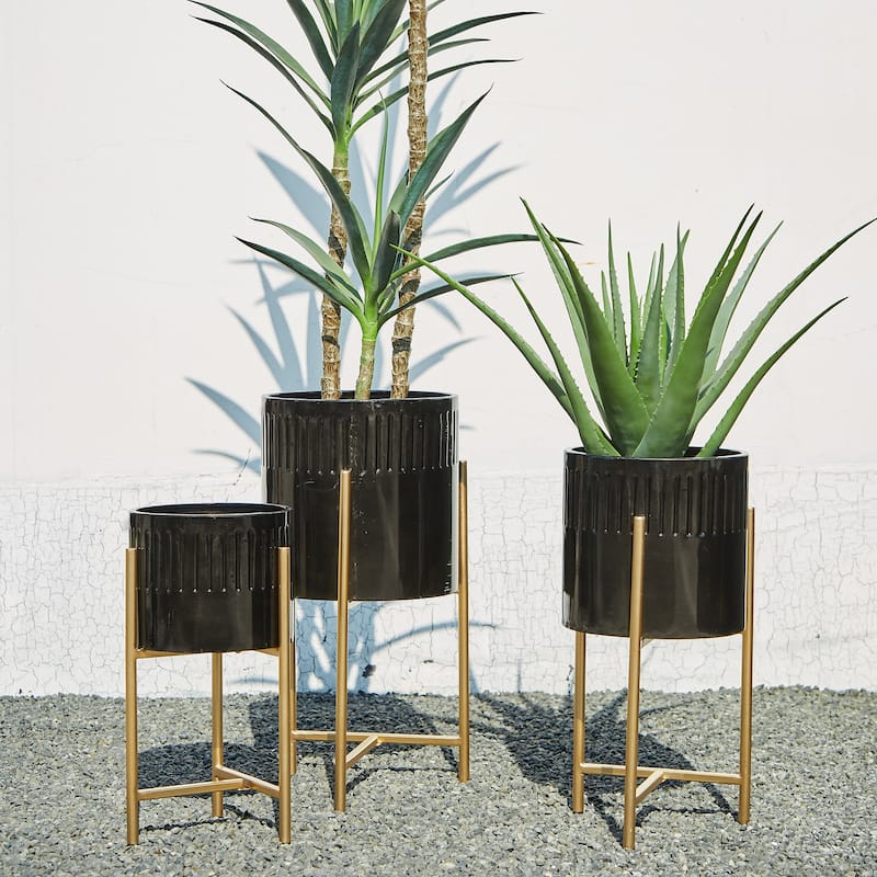 Glitzhome Set of 3 Modern Metal Cachepot Planters with Stands Plant Flower Pot Indoor Outdoor