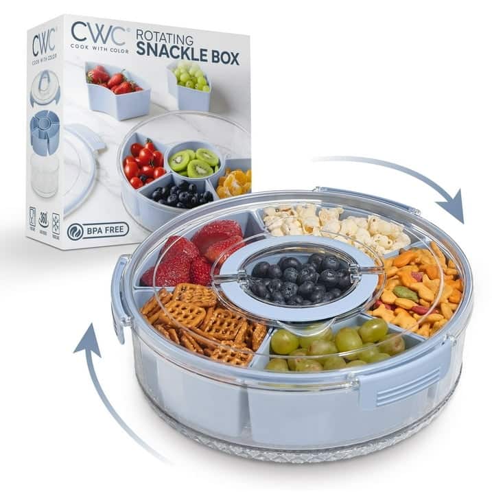 COOK WITH COLOR Round Snackle Box – 6-Compartment Serving Tray with Lid and Handle,Kids Lunch Box & Meal Prep Snack Container - Blue