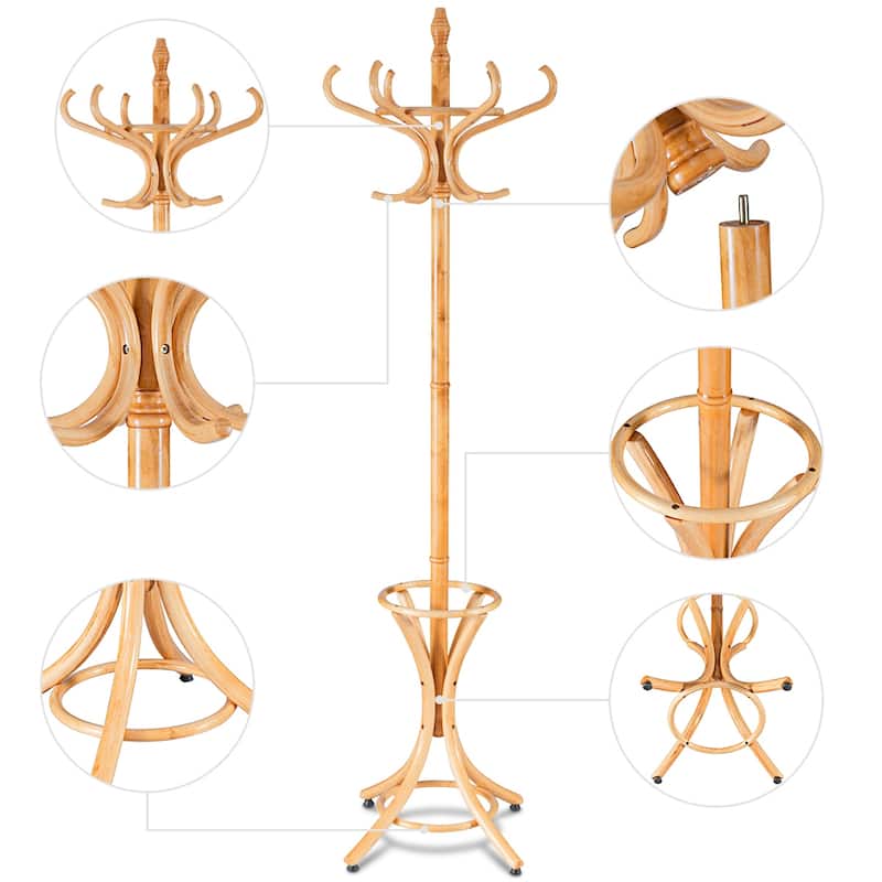 Gymax Wood Standing Hat Coat Rack Jacket Bag Hanger Tree 12 Hooks w/