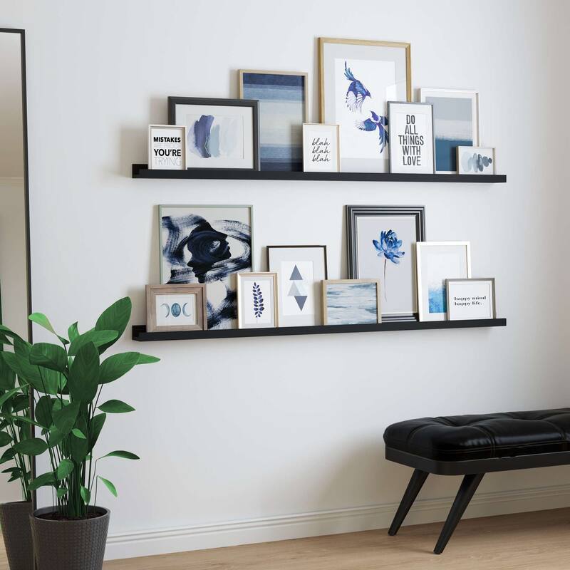 Wallniture Denver Narrow Picture Ledge Wall Shelves 60" ,Black, Set of 2