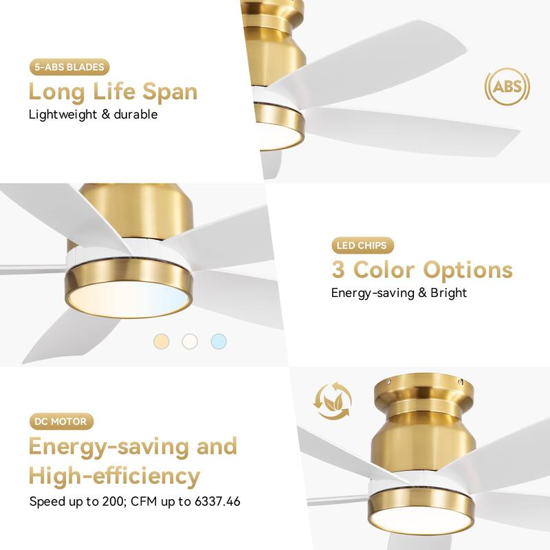 Sofucor 42/52 Inch Low Profile Flush Mount Ceiling Fan with Light,Remote Control,Solid wood/ABS Blades,Reversible Quiet DC Motor