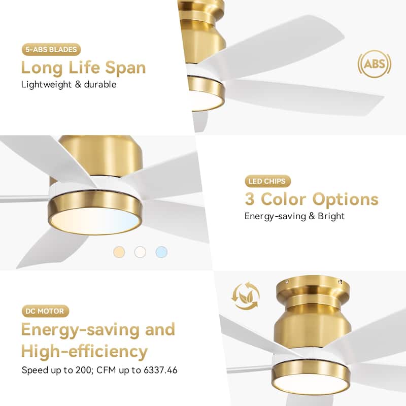 Sofucor 42 Inch Low Profile Flush Mount Ceiling Fan with Light, Remote Control, 5 ABS Blades,Reversible Quiet DC Motor