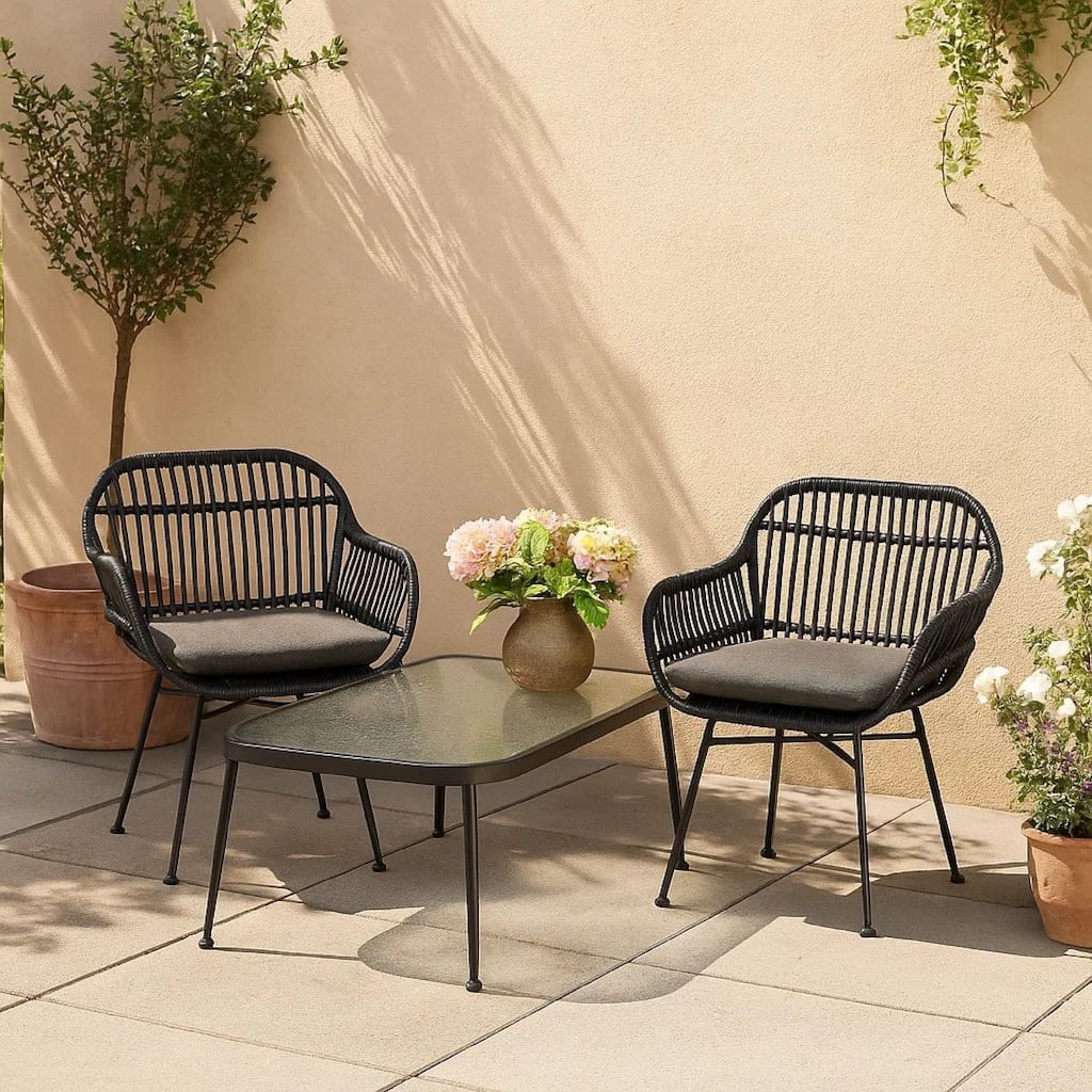 Tee Outdoor Conversation Chair Set of 2, Gray Rattan, Black Metal