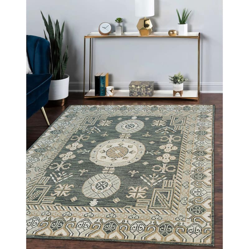 Home Décor Green Hand-Knotted Wool Khotan Rug by EORC | Luxurious Area Rug for Adding Timeless Elegance