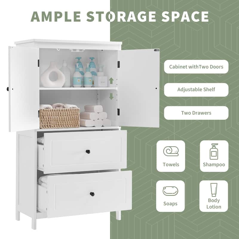 Freestanding Cabinet Floor Storage Cabinet with 2 Doors, Drawers and Adjustable Shelf for Bathroom Kitchen Office Living Room