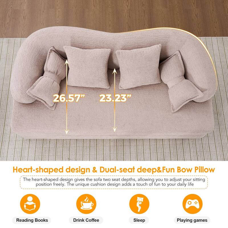 Modern 2-in-1 2-Seater Sofa Folding Sofa Bed with 4 Pillows, Chenille Fabric, for Apartment Living Rooms, Apricot