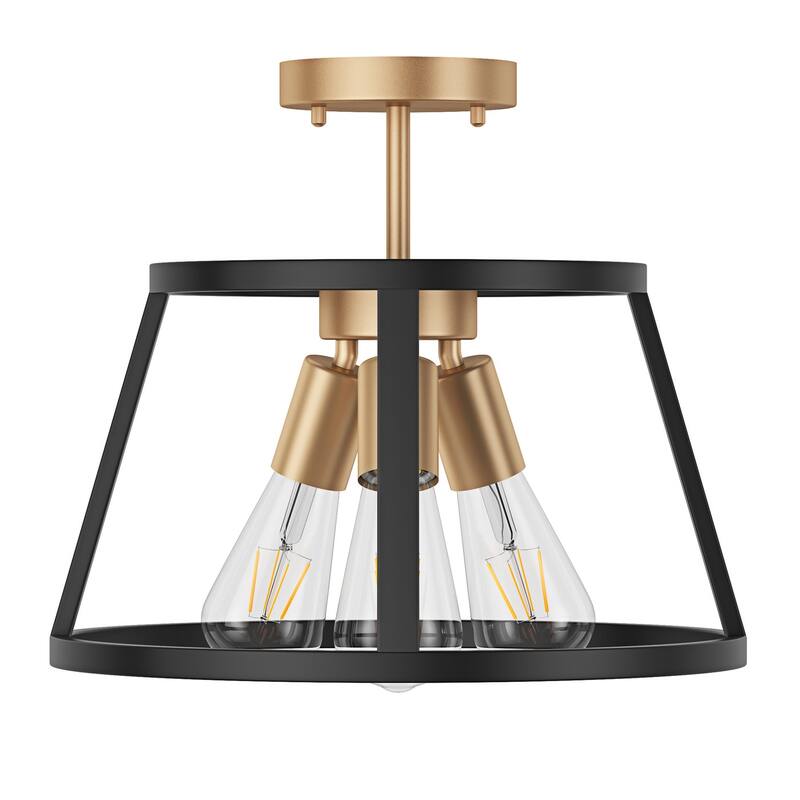 Matte Black 3-Light Openwork Metal Drum Shade Semi-Flush Mount Ceiling Light Fixture