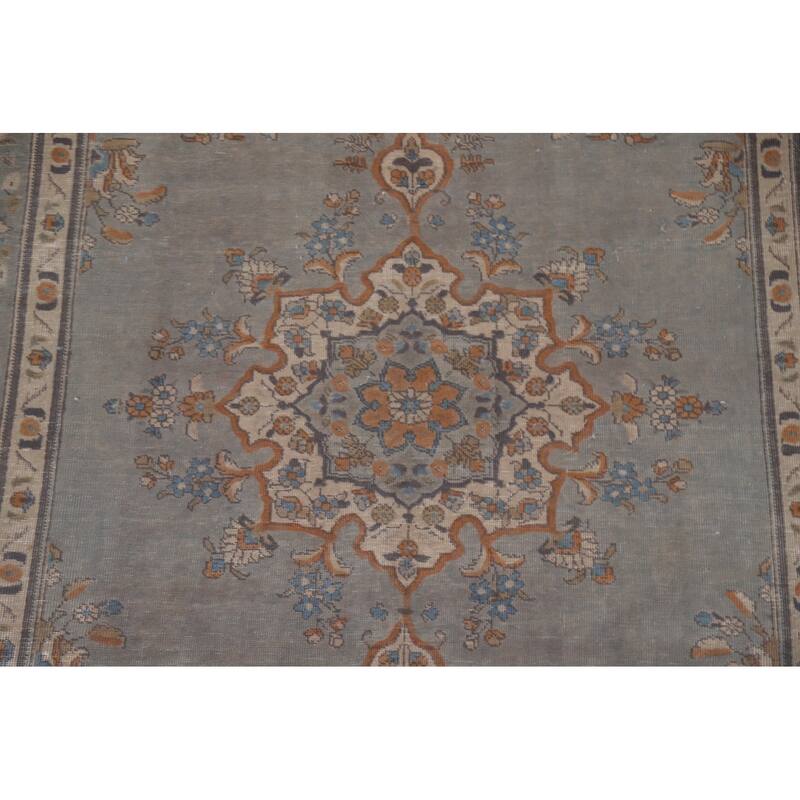 Hand Knotted Oriental 100% Wool Carpet Traditional Medallion Greys & Charcoal Tabriz Area Rug - 9' 7'' X 6' 8''