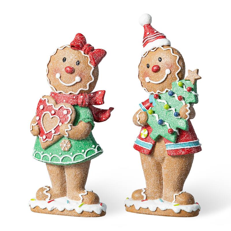 Glitzhome Resin Christmas Gingerbread Figurines Xmas Table Decor for Party Mantel Shelf Sitter