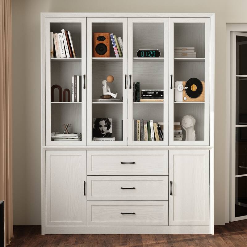 79.6" Tall Glass Display Cabinet, 6-Tier Bookshelf with Drawers Bookcae Panrty